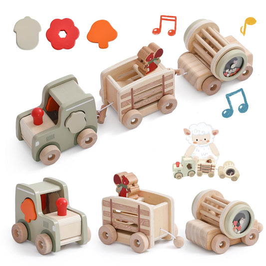 Mamimami Home Combined Train Wood Montessori Toy for Kids wooden train toy set with blocks and rattles Suitable for 1 year old boys girls
