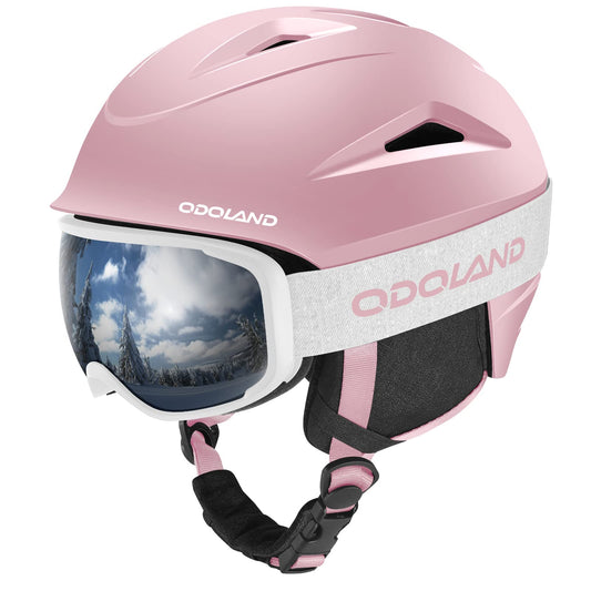 Odoland ski helmet with ski goggles for skiing and snowboarding, adjustable size, with ear flaps for men, women, and teenagers.
