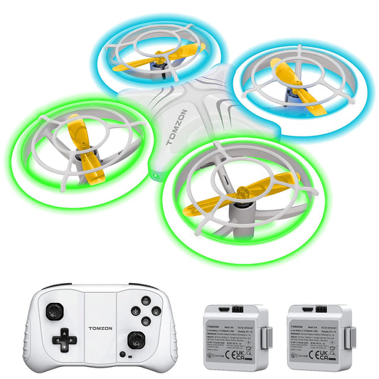 Tomzon Mini Drone for Kids, Blue and Green LED Lights, RC Quadcopter with 2 Batteries, Headless Mode, Throw and Go/3D Flip/Rotation/Circle Fly for Beginner Kids Yellow Propellers