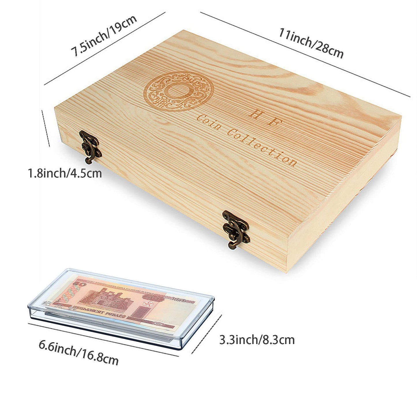 Wooden coin capsule holder, coin storage box, coin collection holder with lock, coin collector organizer, container, coin display for 40 coins and 100 banknotes.