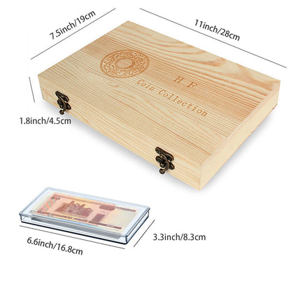 Wooden coin capsule holder, coin storage box, coin collection holder with lock, coin collector organizer, container, coin display for 40 coins and 100 banknotes.