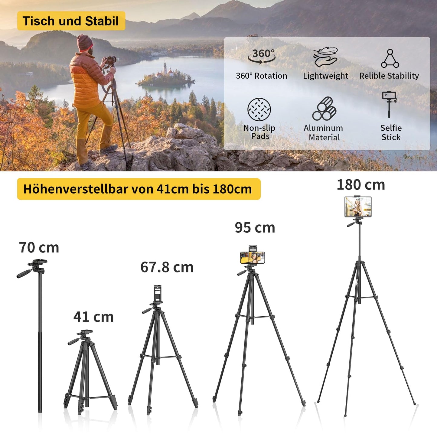 KINGJOY Cell Phone Camera Tripod 71" Lightweight Phone Tripod with Remote Shutter, 360° Rotation Portable Tripod with Tablet Phone Holder for Canon Nikon Action Camera