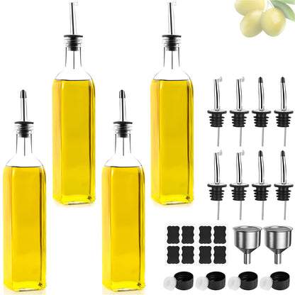 Oil bottle, 4x 500 ml vinegar and oil dispenser, olive oil bottle with funnel, anti-drip lid, label, glass bottle for kitchen and BBQ (transparent, 500ml)