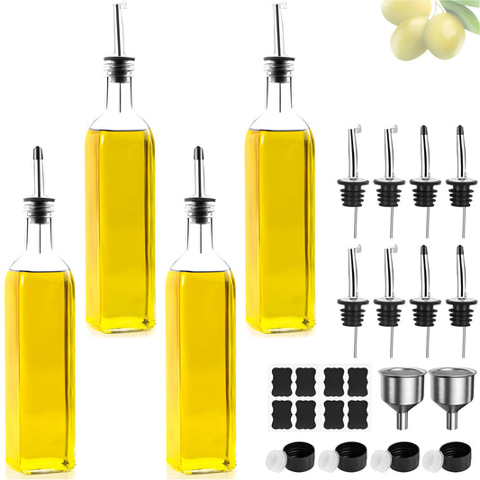 Oil bottle, 4x 500 ml vinegar and oil dispenser, olive oil bottle with funnel, anti-drip lid, label, glass bottle for kitchen and BBQ (transparent, 500ml)