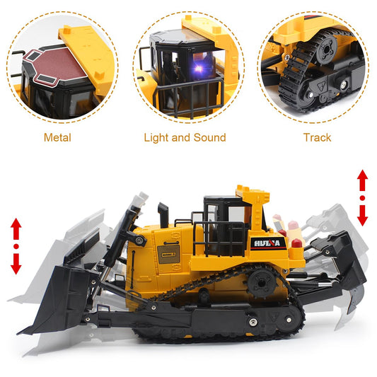 fisca RC Bulldozer, Remote Control 1/16 Fully Functional Construction Vehicle Remote Control Heavy Bulldozer, 2.4 GHz 11-Channel Dozer Front Loader Toy with Light and Sound for Kids