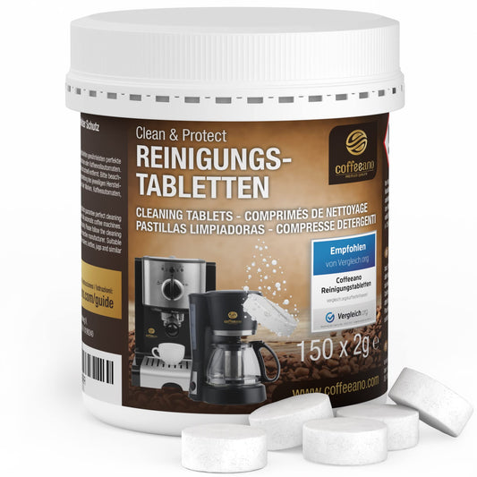 Coffeeano 150 cleaning tablets for fully automatic coffee machines and coffee makers. Cleaning tabs for Delonghi, Siemens, EQ Series, Jura, Krups, Bosch, Miele, Melitta, WMF, and more.