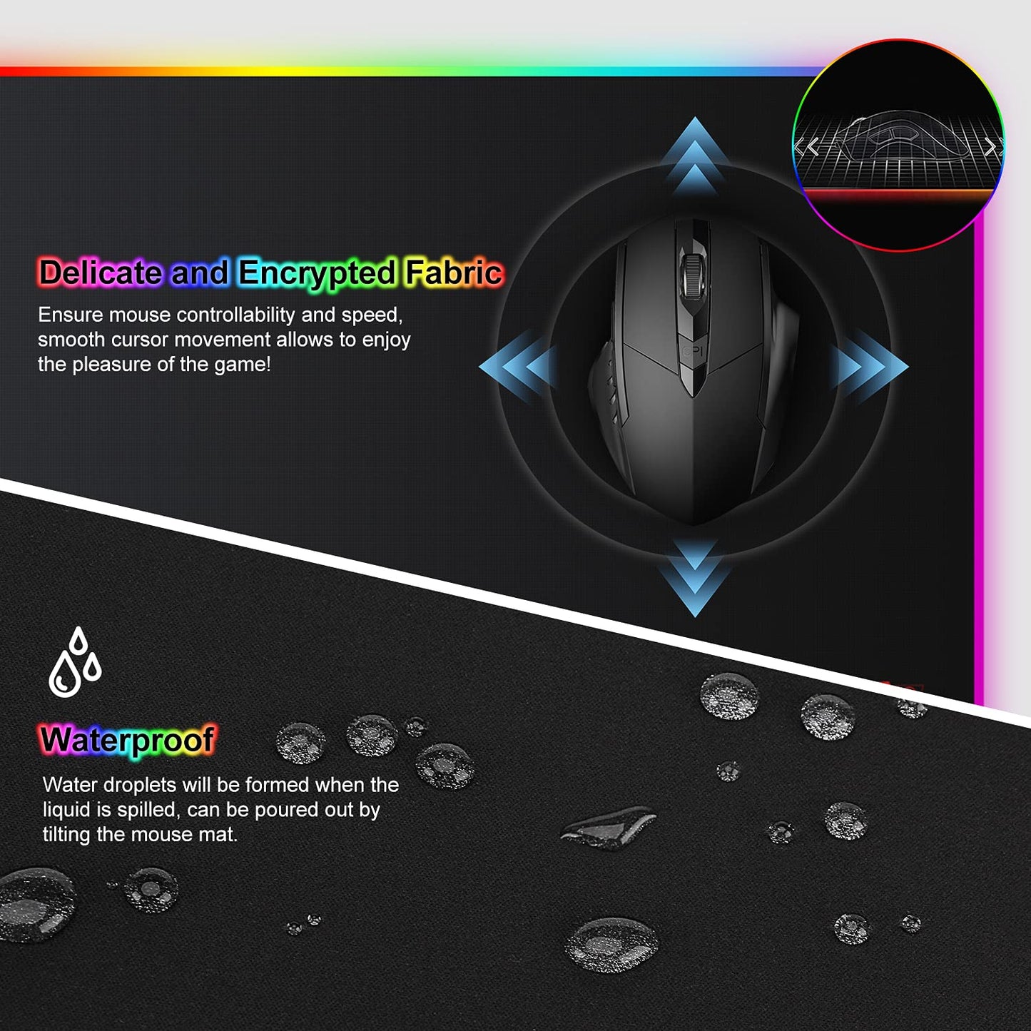 RGB gaming mouse pad 800x300mm XXL gaming mouse pad large with 14 lighting modes 7 LED colors waterproof anti-slip for computer PC professional gamers, black