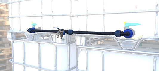 VOXTRADE Connection set for IBC tanks, 3-port ball valve, polyethylene (PE), brass, steel, blue, CE, EN 1074-1, 3/4" thread, 1/2" PE outlet, max. 10 bar, Gardena-like connection.