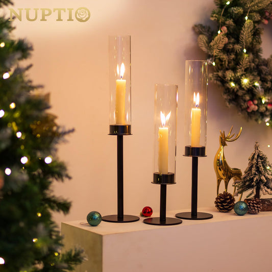 Nuptio Glass Cylinder Candle Holder Metal Black - 18 pieces Cone Candle Stand Taper Candle Pack for Candles, Clear Glass Hurricane Shade Top Candle Modern Wedding Christmas Table Dinner