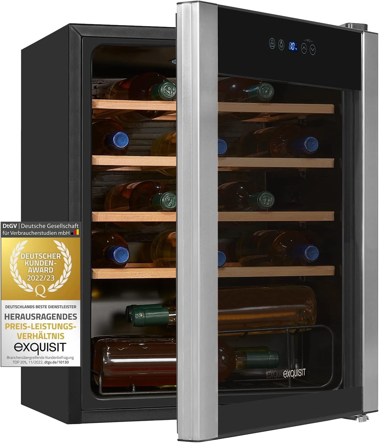 Exquisite wine cooler WS1-24-GTE-030G black | 66 l capacity | Black | Wine | Cooling | Wooden shelves | Display | LED light