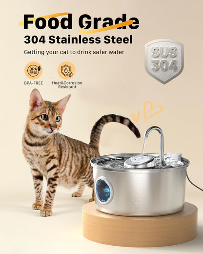 Cat fountain: 3.2L drinking fountain for cats with transparent window - Cat fountain for cats made of stainless steel in the shape of a water tap - Silent water pump - Multiple filtration - KOOGMOON