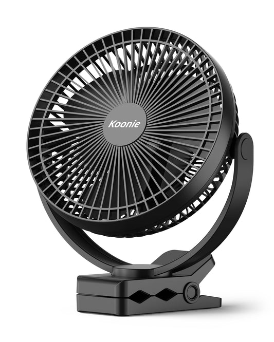 Koonie 10000 mAh clip-on fan, 20cm portable USB fan with battery, 4 speeds & 360° rotation, quiet wall fan, table fan for home, office, stroller, camping, grow tent.