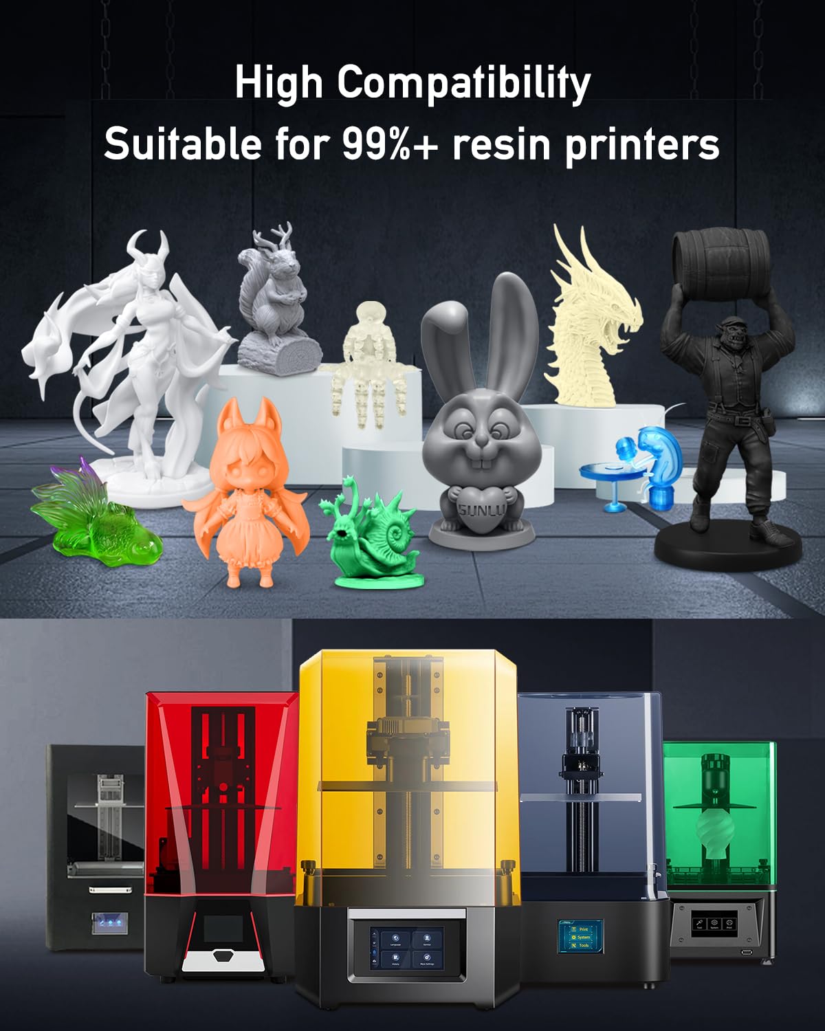SUNLU ABS-Like 3D Printer Resin 1KG, 405nm UV-Curing Standard Photopolymer Fast Resin for LCD/DLP/SLA 3D Printing, Non-Brittle & High Precision, Dark Grey 1000G