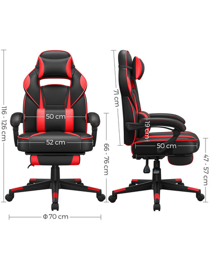 SONGMICS Office Chair, Desk Chair, Extendable Footrest, Headrest, Lumbar Pillow, Height Adjustable, Ergonomic, Reclining Backrest, Supports up to 150kg, Ink Black-Strawberry Red OBG73BRV1