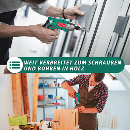 HYCHIKA cordless drill, 6N·m torque 2000mAh 3.6V battery with 35 accessories, LED light and flashlight, battery drill with USB cable and storage box.