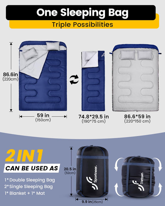 Outdoor Sleeping Bag: Sportneer Double Sleeping Bag for 2 People, 220x150cm, 3.5kg with 2 pillows, Four Double Zippers, Adult Family Blanket Sleeping Bag, Blue