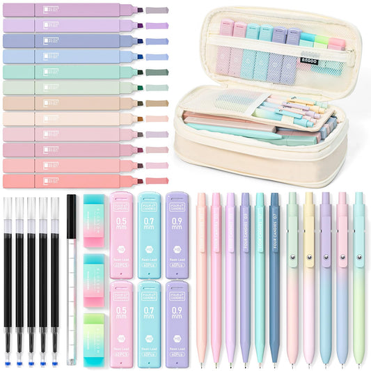 Four Candies 39-Piece School Supplies with Pencil Case, 12 Pastel Highlighters, 5 Gel Pens, 6 Mechanical Pencil Set, Aesthetic Pens, and Cool Stuff for Teenage Girls School Essentials Clean Girl (Cream)