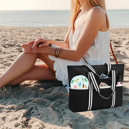 LEDAOU Large Beach Bag Women Shoulder Bag Handbag Waterproof Sandproof Zipper Pool Picnic Gym Travel Bag (B-Black)