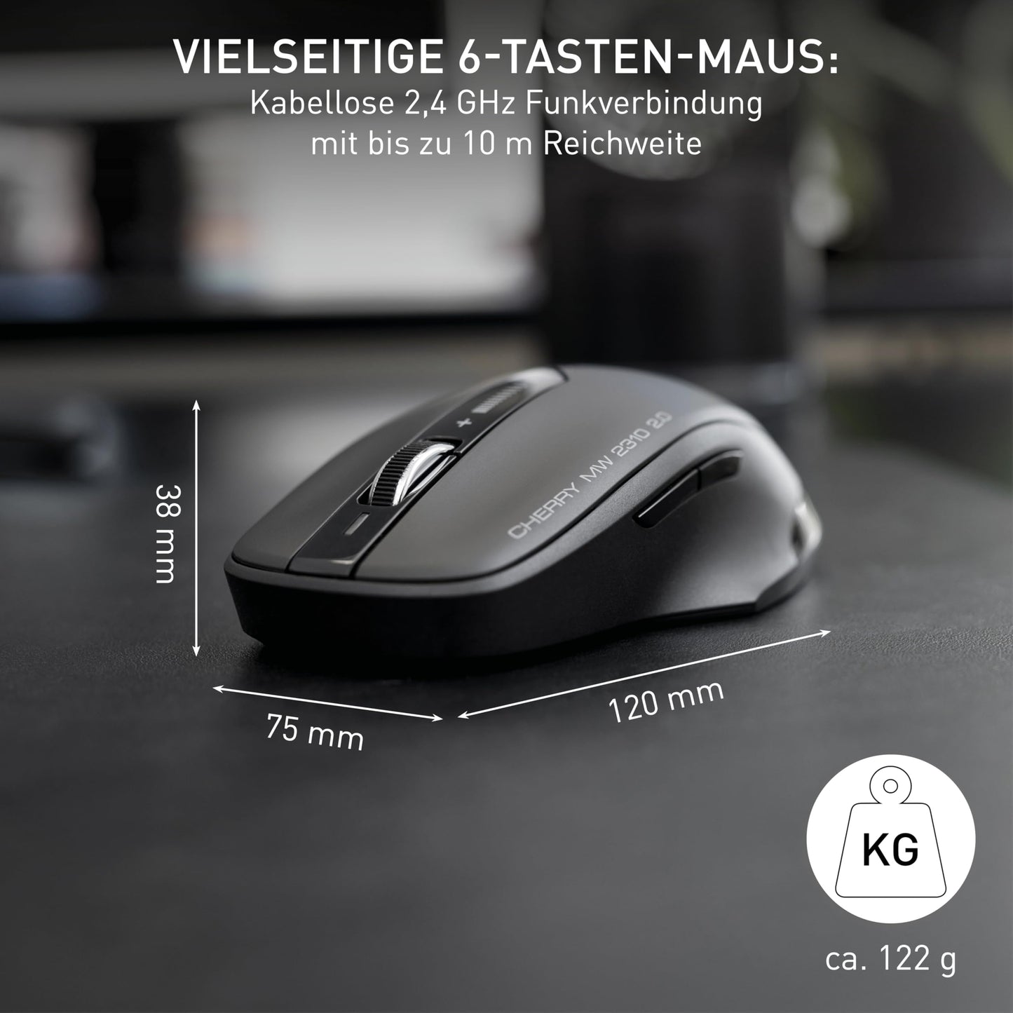 CHERRY MW 2310 2.0, wireless 6-button mouse, 2.4 GHz wireless with 10m range, optical sensor & DPI switch, nano USB receiver, ambidextrous use, black