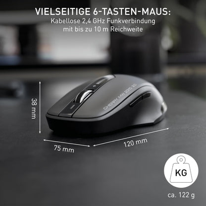 CHERRY MW 2310 2.0, wireless 6-button mouse, 2.4 GHz wireless with 10m range, optical sensor & DPI switch, nano USB receiver, ambidextrous use, black
