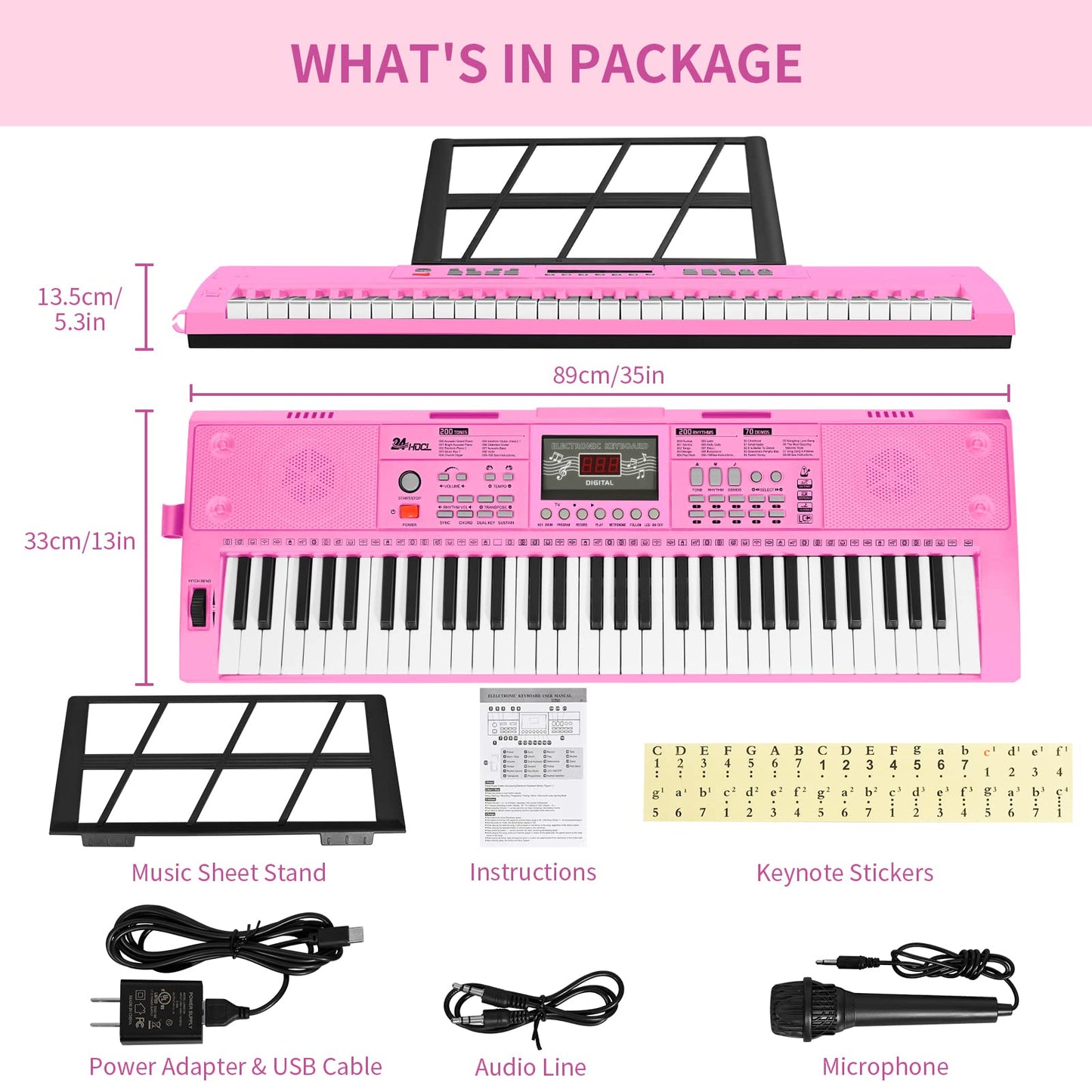 24HOCL Electric Pianos 61 Lighted Keys, Musical Digital Piano Keyboards 200 Rhythms LCD Screen for Kids Beginners Lighted Keys_2 Pink