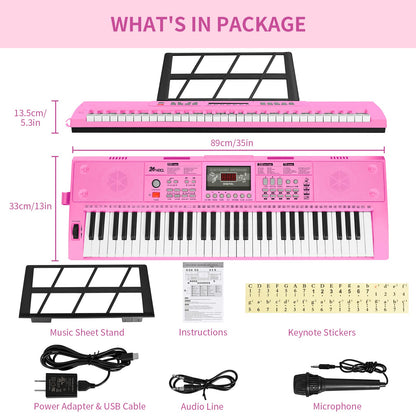24HOCL Electric Pianos 61 Lighted Keys, Musical Digital Piano Keyboards 200 Rhythms LCD Screen for Kids Beginners Lighted Keys_2 Pink
