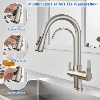 KEOKBON Kitchen Faucet with Drinking Water Faucet, 3-Way Kitchen Tap with High Arc, 3 in 1 Mixer Tap for Sink, Cold and Hot (Brushed Nickel)