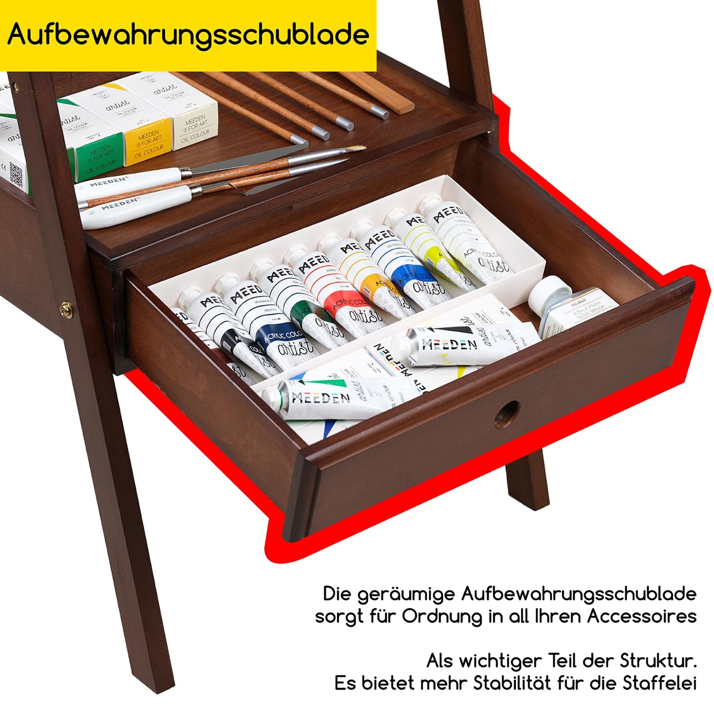 MEEDEN wood easel with storage drawer, adjustable canvas stand made of German beechwood, ideal for artists and adults, holds canvases up to 91cm.