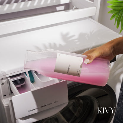 KIVY glass detergent dispenser 4-pack with labels - fabric softener storage laundry detergent storage liquid - liquid detergent dispenser - container for powdered detergent storage box organizer