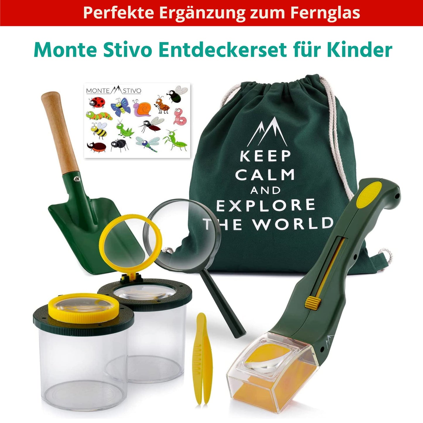 Monte Stivo® Junior | Award-winning binoculars for children 8x21 with magnifying glass & compass | Toy set for boys and girls aged 4 years and up.