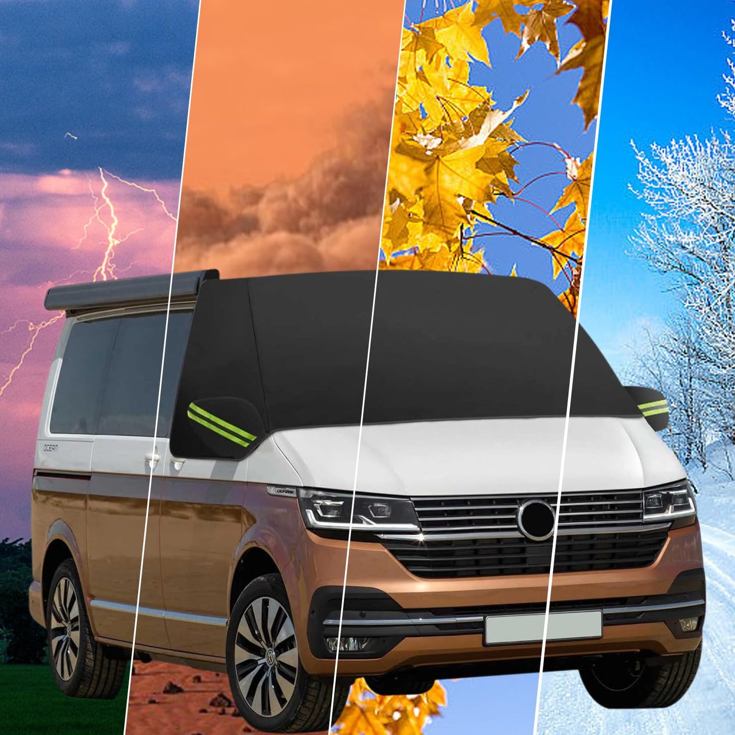 Car front windshield cover for VW T6, Durable 600D Oxford fabric front window sunshade weatherproof camping cover, 100% blackout curtain wrap cover