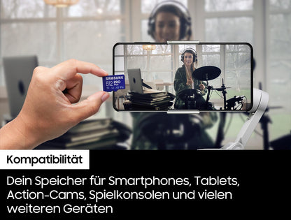 Samsung PRO Plus microSD card + SD adapter, 256GB, for mobile gaming on smartphones, tablets, and handheld consoles. UHS-I U3, Full HD & 4K UHD, 180MB/s read, 130MB/s write. Model: MB-MD256SA/EU.