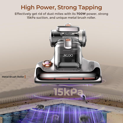 JIGOO T600 Dust Mite Vacuum with UV Light & Hot Air [700W/15kPa] - 99.9% Allergen Removal, Fragrant Negative Ions, For Mattresses/Sofas/Carpets (Quiet & Efficient)
