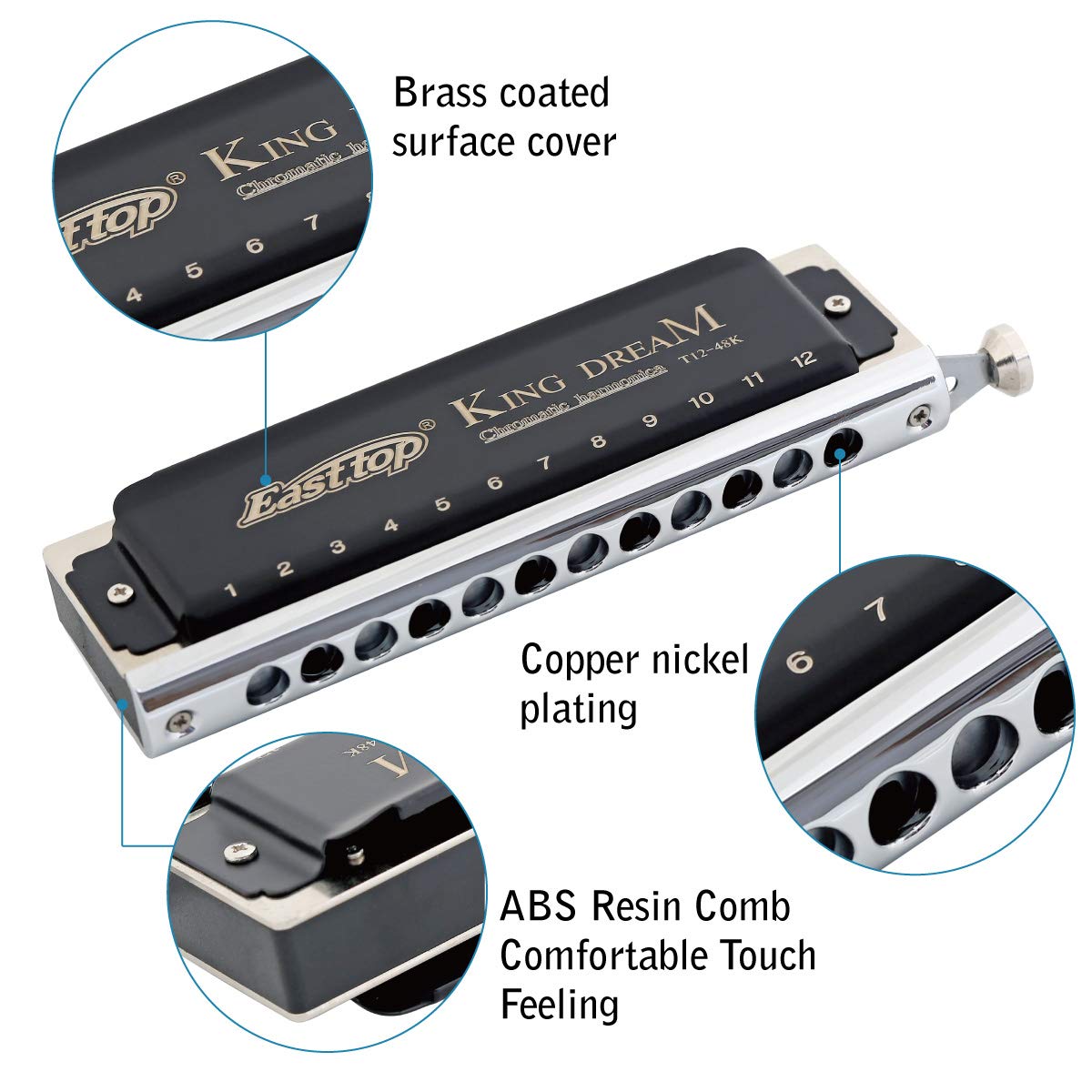 East Top 12-hole Chromatic Harmonica in C, with 48 notes. Ideal for professional players, beginners, students, and adults. Makes the perfect gift.
