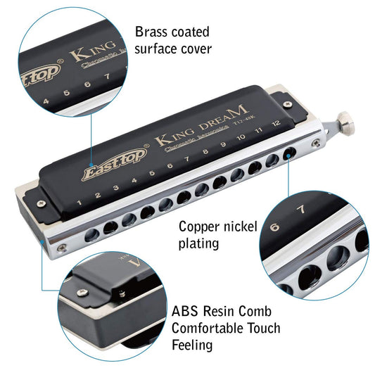 East Top 12-hole Chromatic Harmonica in C, with 48 notes. Ideal for professional players, beginners, students, and adults. Makes the perfect gift.