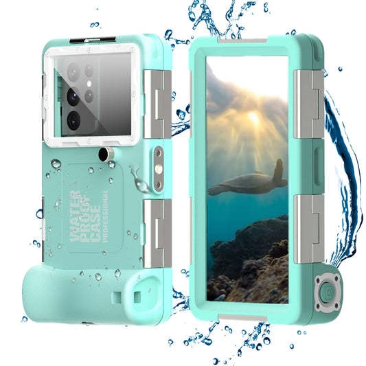 IPX8 waterproof diving phone case for swimming. Universal underwater cover for iPhone 16 15 13 11 Samsung S25 S23 S21 Ultra Huawei Google OnePlus Xiaomi LG (2nd Gen Blue White).