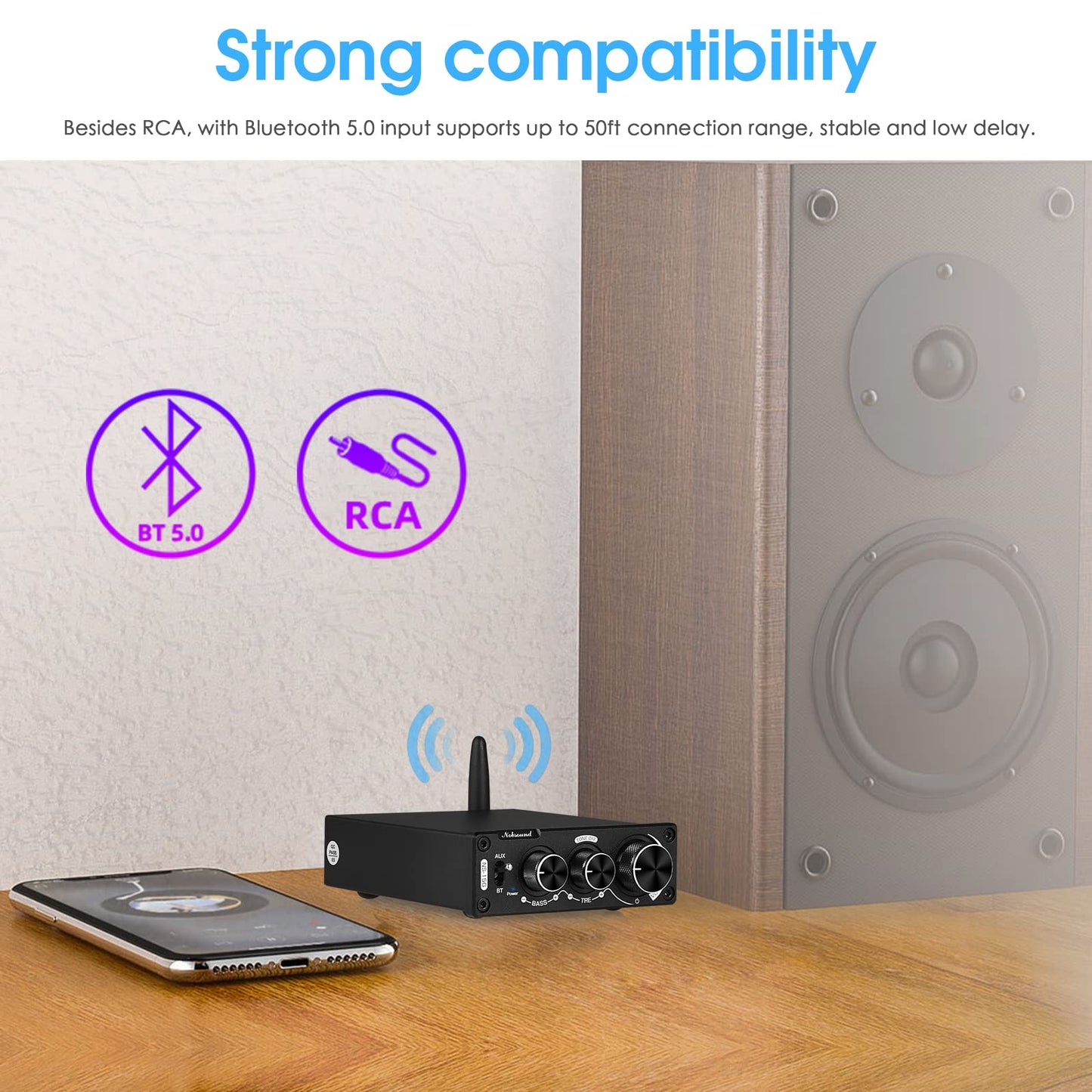 Nobsound 200W Mini Bluetooth Digital Amplifier HiFi Stereo Amp with Bass and Treble Control for Home Speakers