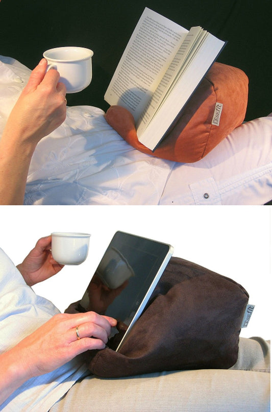 LESEfit soft book pillow reading pillow - flexible book holder for bed - Handmade from non-slip suede imitation & microbeads - soft washable rotatable - matte gray