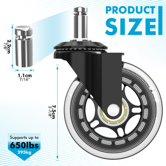 Office chair casters 5-piece set, casters for office chairs 11mm x 22mm, universal hard floor casters for office chair chair casters replace floor protection mat, scratch-free smooth silent glide rubber casters office chair.