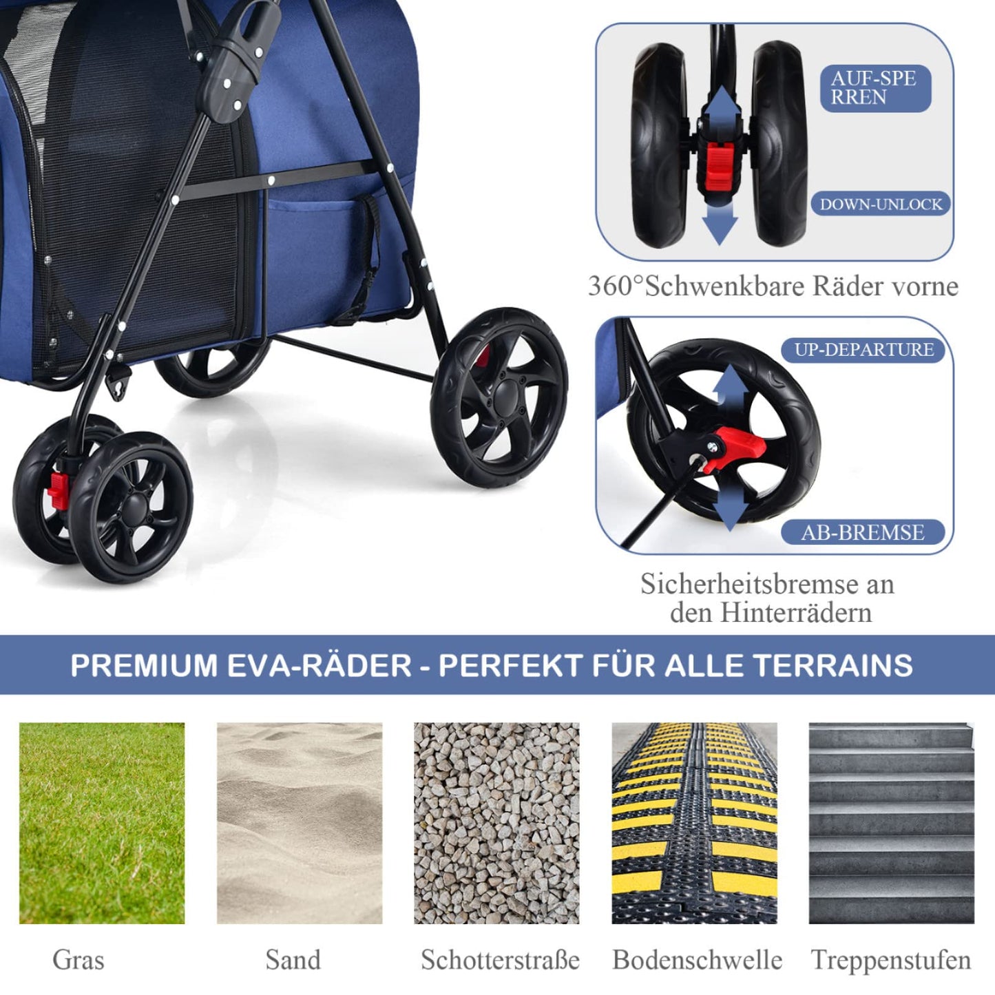 COSTWAY 2-Tier Dog Stroller Pets Stroller up to 16kg, Dog Stroller with Mesh Windows & Cup Holder & Trailer, Cat Stroller for 2 Small Dogs Cats (Blue)