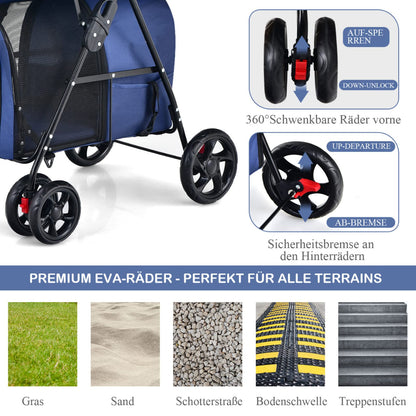 COSTWAY 2-Tier Dog Stroller Pets Stroller up to 16kg, Dog Stroller with Mesh Windows & Cup Holder & Trailer, Cat Stroller for 2 Small Dogs Cats (Blue)