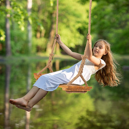 Wooden swing seat for adults kids, outdoor wooden swing with adjustable hemp rope for indoor and outdoor use. Extra wide seat tree swing 19 x 9.8 inches Capacity: 200KG.