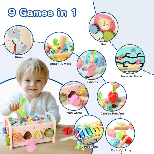 Montessori toy for 1 year old, 9 in 1 wooden children's toy motor skills toy hammering game stacking game gift for 12 months 2 3 year old kids boy girl toddler baby educational toy motor skills cube