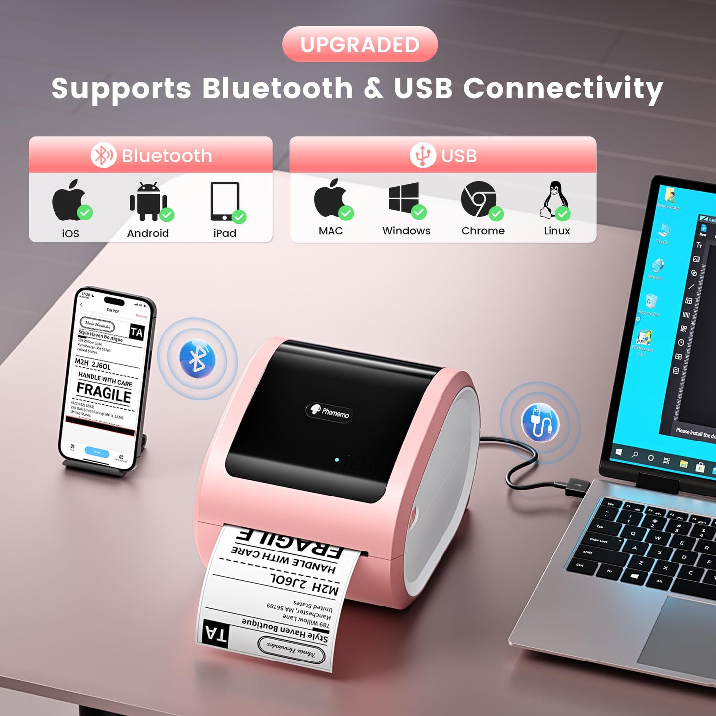 Phomemo D520BT Bluetooth thermal printer - DHL label printer for 4X6 labels, barcode shipping labels compatible with Ebay,Amazon,Etsy,Shopify, UPS,FedEx etc, Pink.