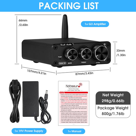 Nobsound G3 Bluetooth stereo amplifier, 2-channel Class D audio receiver for home speakers, 50W x 2 TPA3116 HiFi power amplifier.