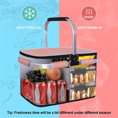 LIQINGG 35L waterproof cooler bag shopping basket large insulated cooler lunch bag thermal bag for office camping picnic travel side support stand upright collapsible (patent protection)