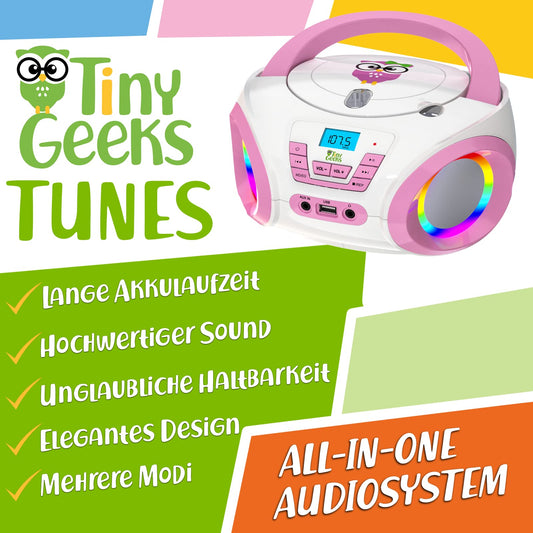 TinyGeeks Tunes Kids Boombox CD Player for Children NEW + FM Radio + Includes Batteries + Pink Radio - with Speakers Children and Toddlers - Pink