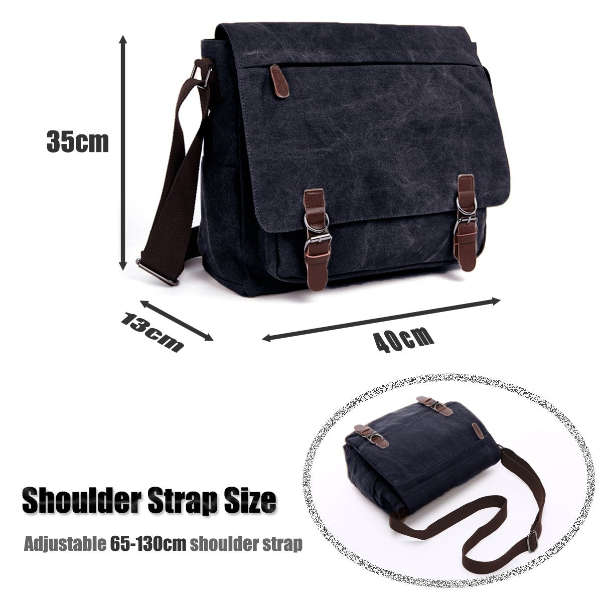 LOSMILE Shoulder bag for men, 16-inch messenger bag made of canvas, suitable for work and school. (Black)