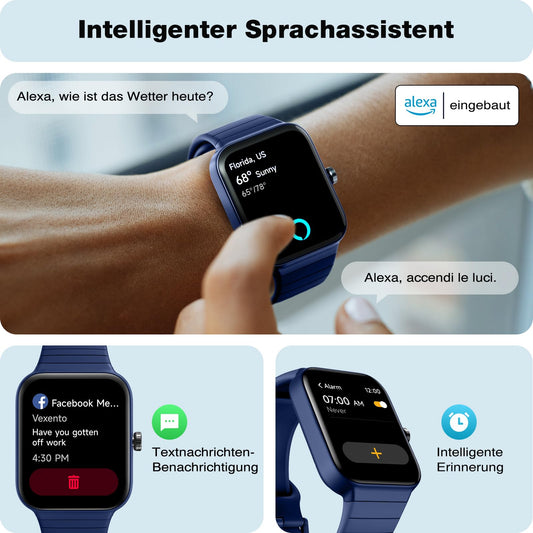 Smartwatch for men and women with phone function Alexa integrated - Fitness watch 100+ sports modes - Smartwatch 1.8 inches & IP68, pedometer watch for Android iOS with heart rate monitor SpO2 stress sleep monitor - blue