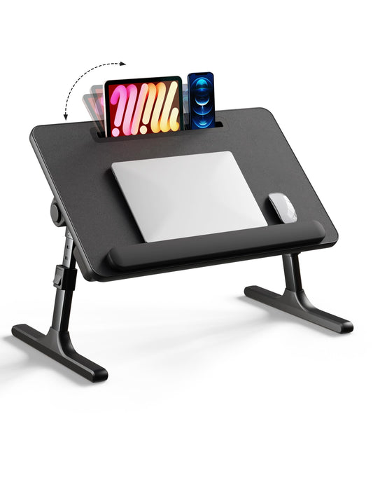 EWX bed desk with folding legs, tablet slot, storage drawer, silicone wrist rest, foldable lap table for eating, working, writing, and drawing.